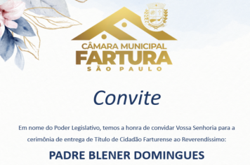 Convite para entrega do título de cidadania ao Rvmo. Padre Blenner Domingues
