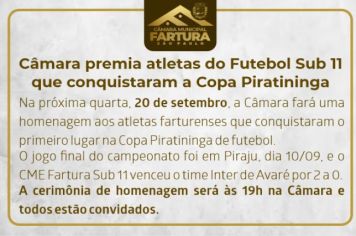 Câmara premia atletas do Futebol Sub 11 que conquistaram a Copa Piratininga