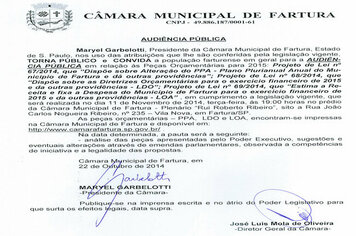 Audiência Pública para discussão do Orçamento 2015 no próximo dia 11/11/2014.