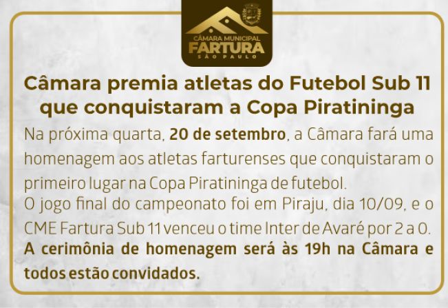 Câmara premia atletas do Futebol Sub 11 que conquistaram a Copa Piratininga
