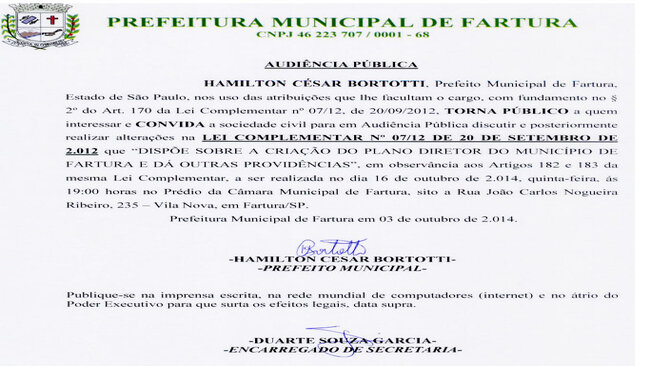 Audiência Pública na Câmara no próximo dia 16/10/2014. Tema: Plano Diretor